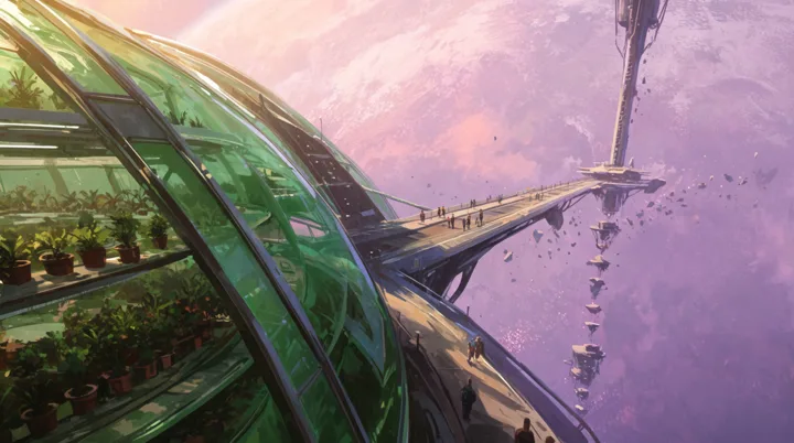 Vast botanical station orbiting a lavender planet — generated with Krea 2 Large