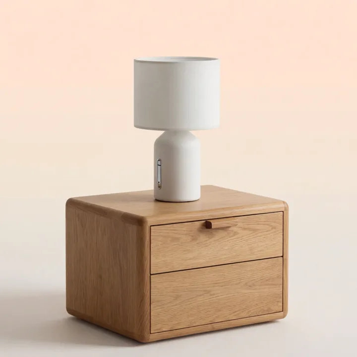 White ceramic lamp on an oak bedside table — generated with Krea 2 Medium