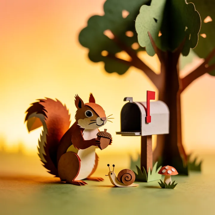 Paper-cut squirrel collecting acorns — generated with Krea 2 Medium