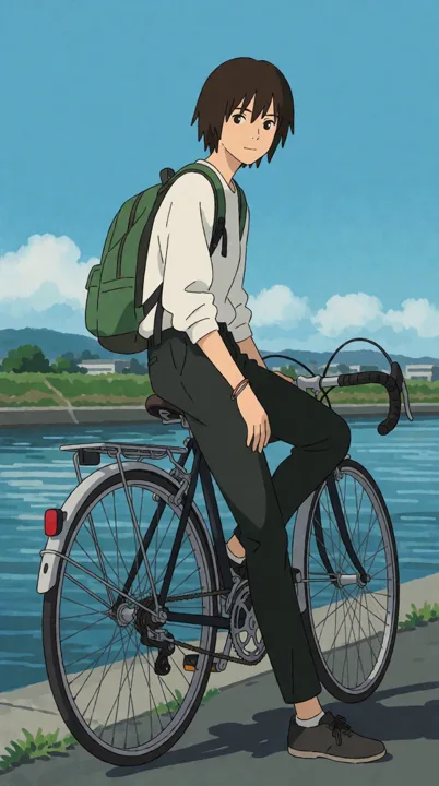 Anime cyclist resting beside a river — generated with Krea 2 Turbo