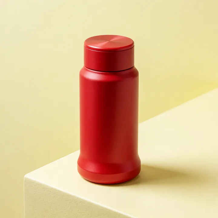 Bright red thermos on a pale yellow shelf — generated with Krea 2 Turbo