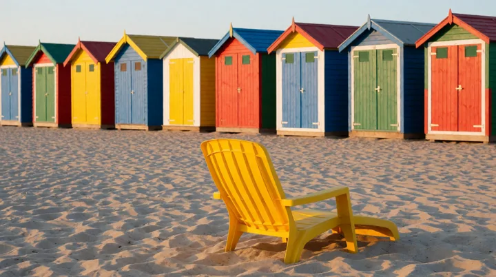 Colorful row of beach huts at dawn — generated with Krea 2 Turbo