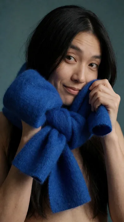 Playful portrait with a cobalt scarf — generated with Krea 2 Turbo