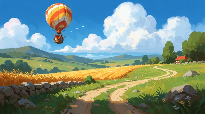 Balloon-powered house drifting above farmland — generated with Krea 2 Turbo