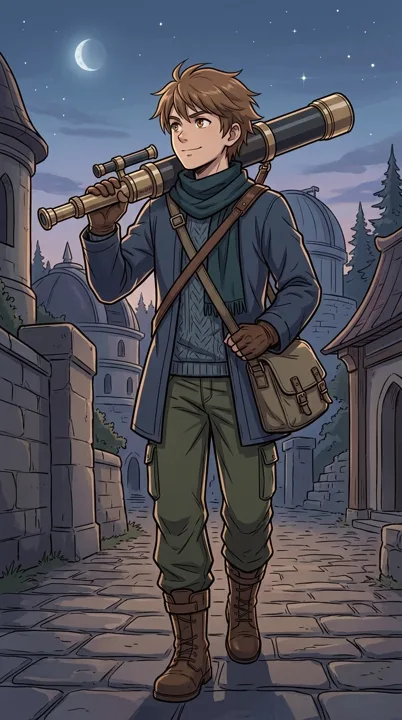 Young astronomer carrying a brass telescope — generated with Nano Banana 2