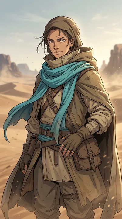 Desert traveler with a turquoise scarf — generated with Nano Banana 2.1