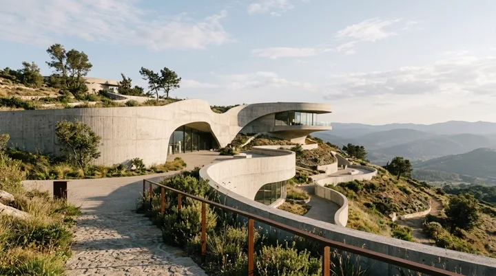 Hillside museum with curved concrete walls — generated with Nano Banana 2.1