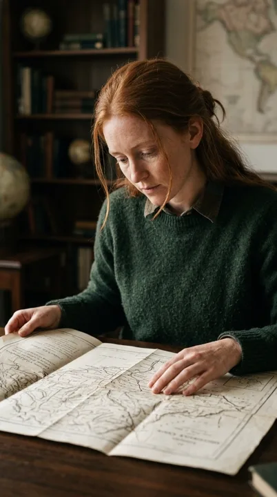 Red-haired cartographer studying an unfolded map — generated with Nano Banana 2.1