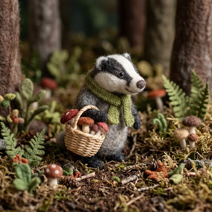 Felt badger carrying a basket of mushrooms — generated with Nano Banana 2.1