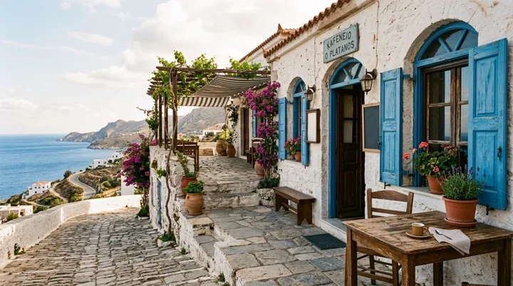 Coastal cafe with blue shutters — generated with Nano Banana 2
