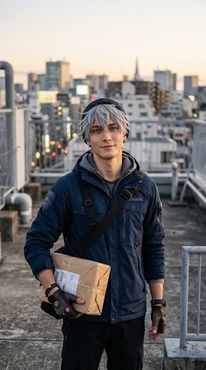 Silver-haired anime courier on a rooftop — generated with Nano Banana 2