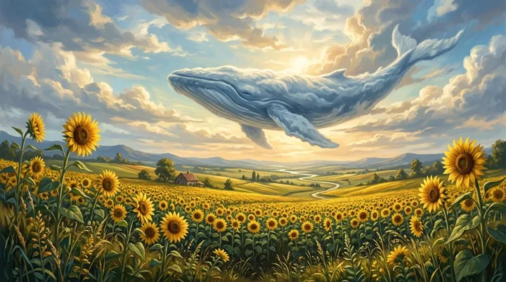 Whale-shaped cloud above a sunflower field — generated with Nano Banana 2