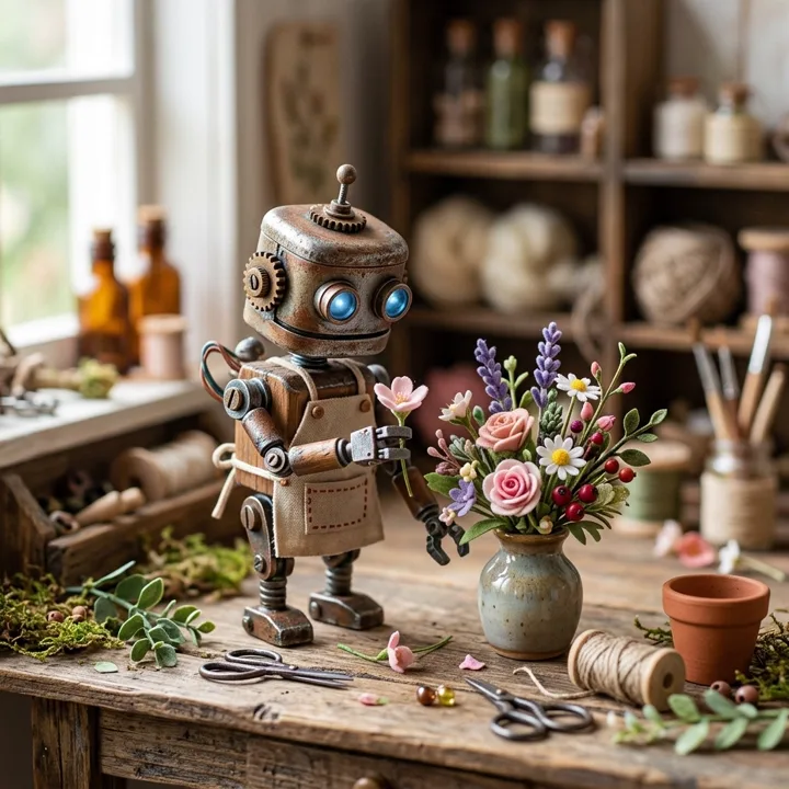 Small robot arranging flowers — generated with Nano Banana 2