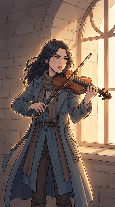 Anime violinist rehearsing beside a tall window — generated with Nano Banana Pro