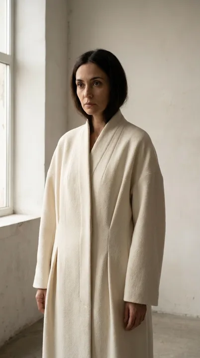 Fashion portrait with a sculptural ivory coat — generated with Nano Banana Pro