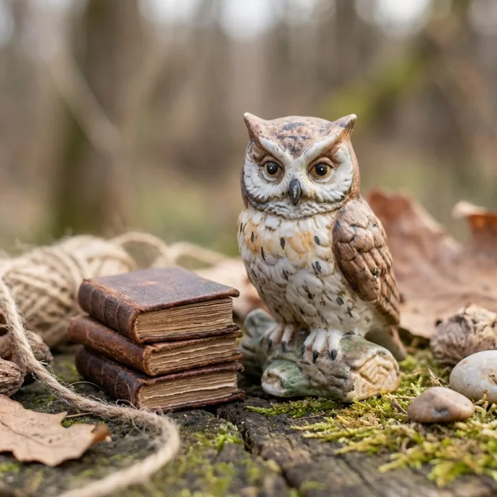 Porcelain owl beside a stack of books — generated with Nano Banana Pro