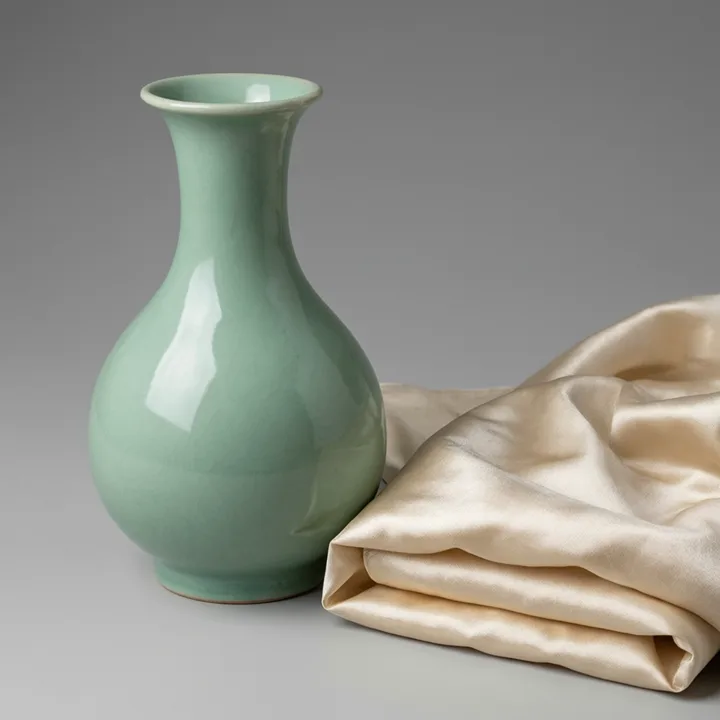 Celadon vase beside a folded silk cloth — generated with Qwen Image 3