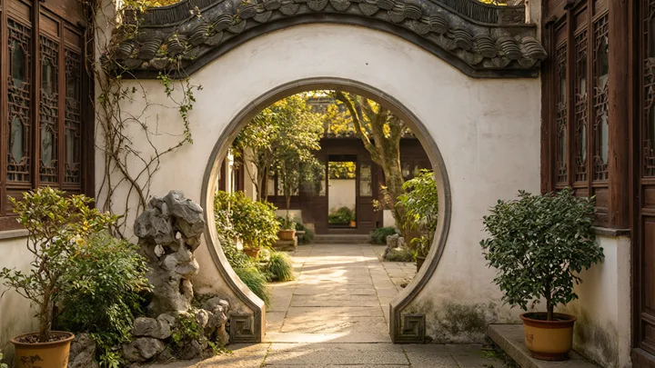 Tranquil courtyard with a circular moon gate — generated with Qwen Image 3