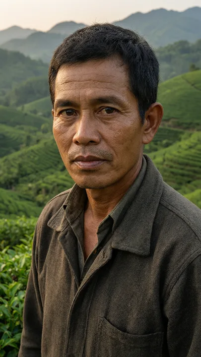 Portrait of a tea grower among green hills — generated with Qwen Image 3