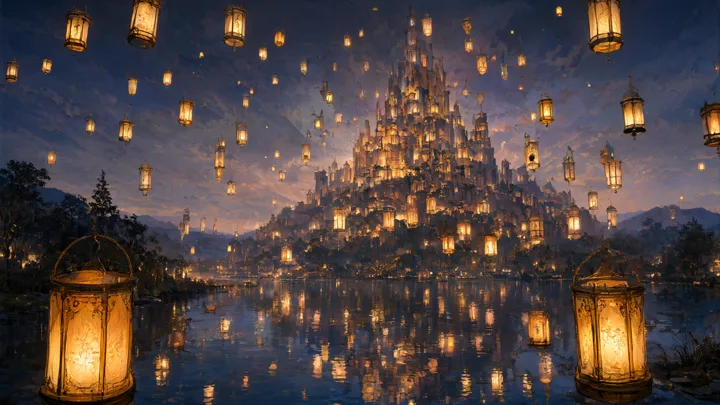 Floating lantern city reflected in a lake — generated with Qwen Image 3
