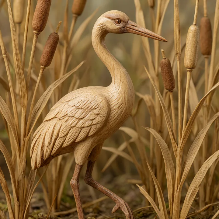 Carved wooden crane standing among reeds — generated with Qwen Image 3