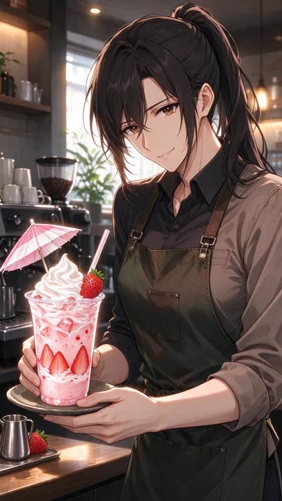 Anime barista serving a strawberry drink — generated with Seedream 5 Flash