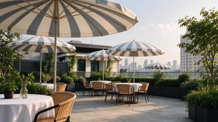 Bright rooftop garden with striped umbrellas — generated with Seedream 5 Flash