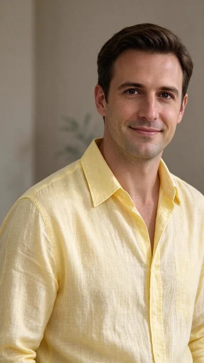 Lifestyle portrait in a yellow linen shirt — generated with Seedream 5 Flash
