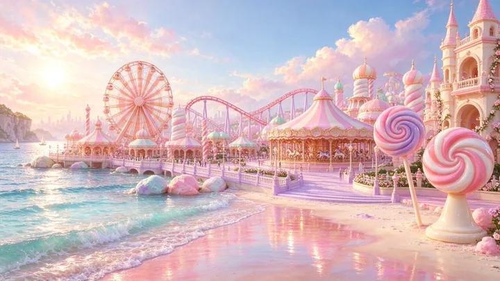 Candy-colored seaside amusement park — generated with Seedream 5 Flash