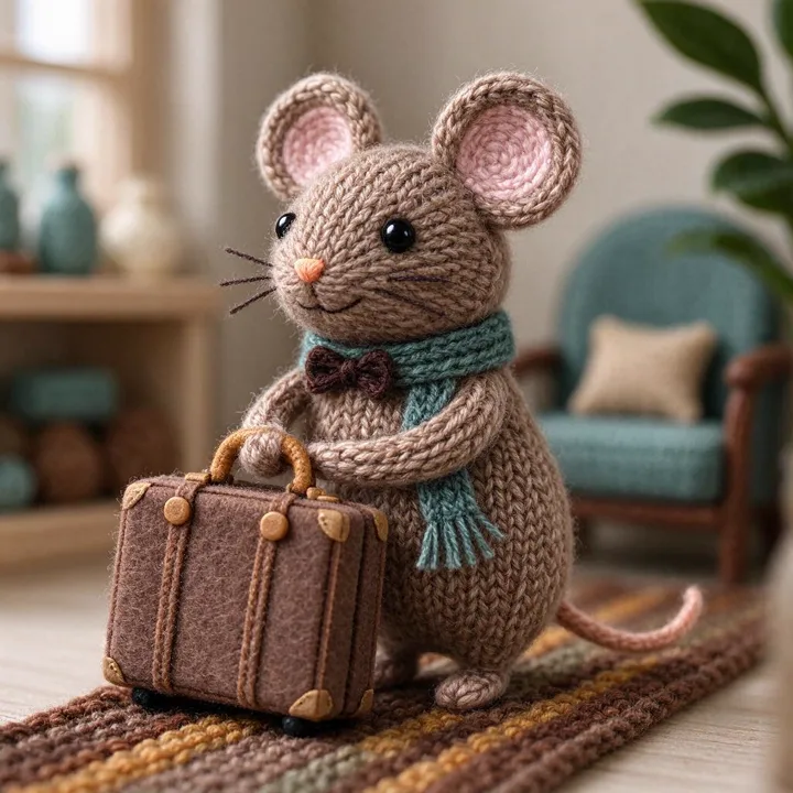 Knitted mouse carrying a tiny suitcase — generated with Seedream 5 Flash