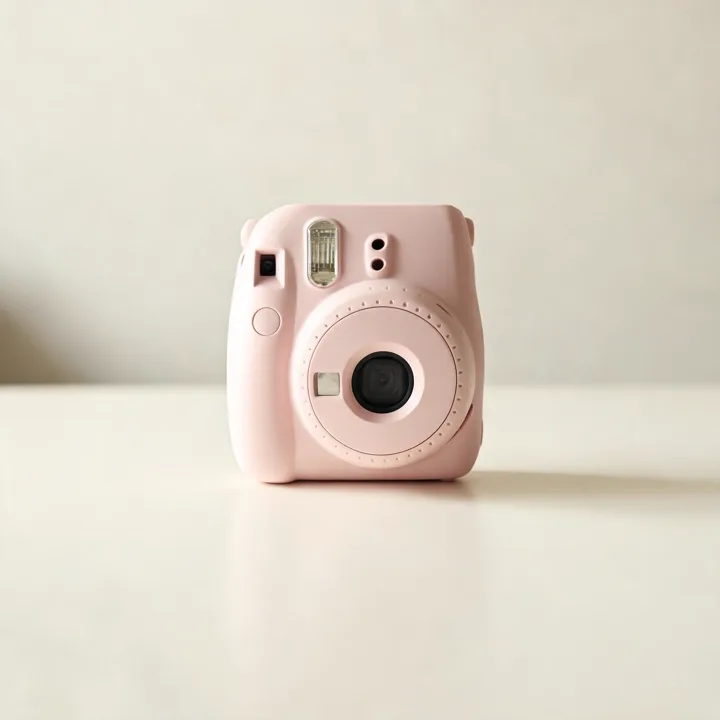 Pastel pink instant camera on a desk — generated with Seedream 5 Lite