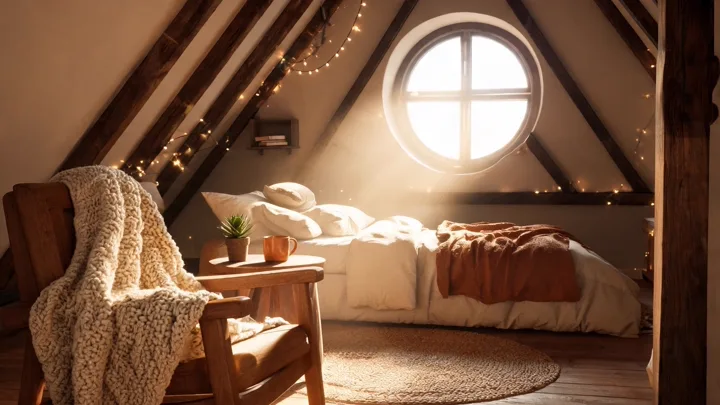Cozy attic bedroom under a round window — generated with Seedream 5 Lite