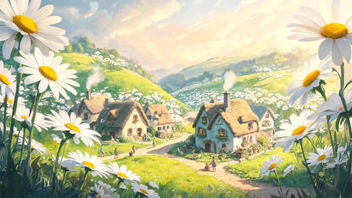 Storybook village surrounded by giant daisies — generated with Seedream 5 Lite