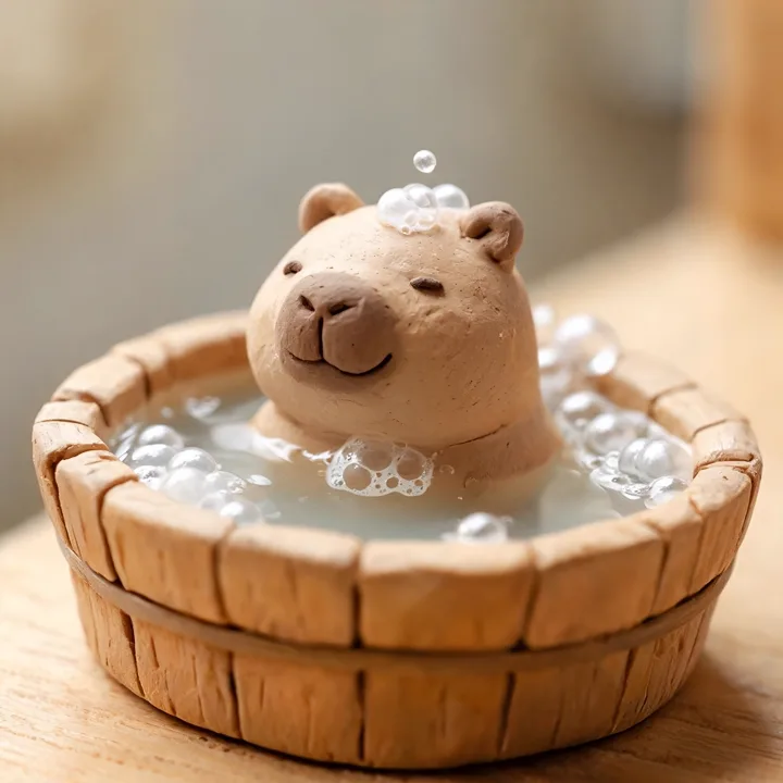 Clay capybara soaking in a wooden bath — generated with Seedream 5 Lite