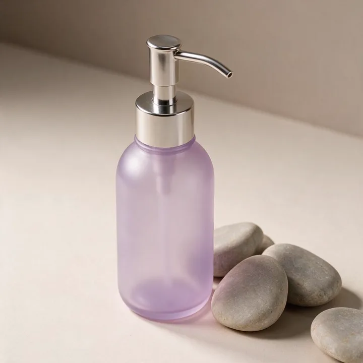 Lavender cosmetic bottle beside smooth river stones — generated with Seedream 5 Pro