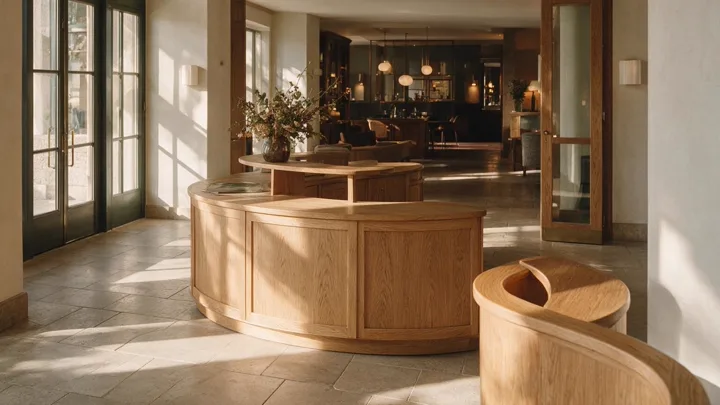 Boutique hotel lobby with curved oak furniture — generated with Seedream 5 Pro