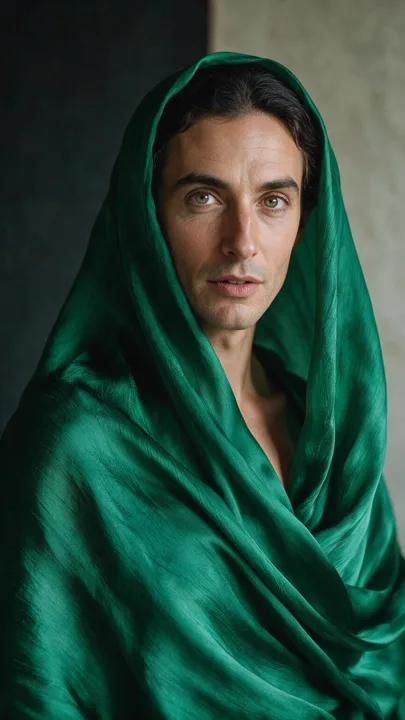 Editorial portrait in flowing emerald silk — generated with Seedream 5 Pro