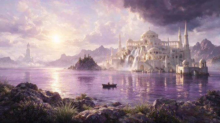 Palace of white stone beside a violet lake — generated with Seedream 5 Pro