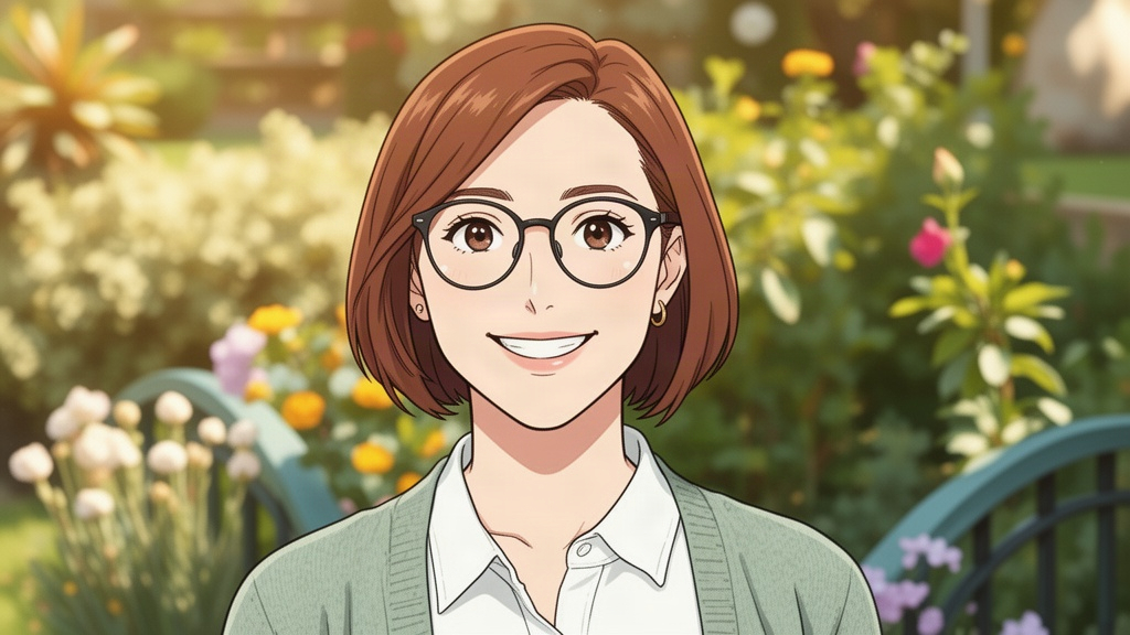 Soft anime conversion of the same portrait, with round glasses and painted garden greenery