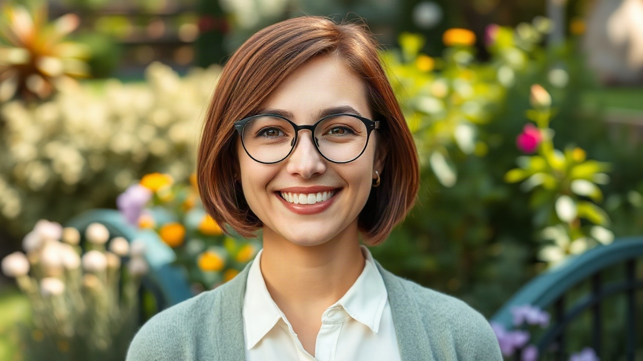 Source portrait of an adult woman with a chestnut bob, round glasses and a sage cardigan