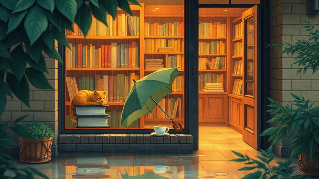 Ilustración original de una librería cálidamente iluminada en una tarde lluviosa con un gato naranja dormido